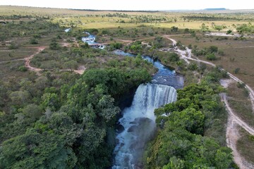 Fototapeta na wymiar Aerial view of the Velha Waterfall in the Jalapao desert of Tocantins, Brazil.