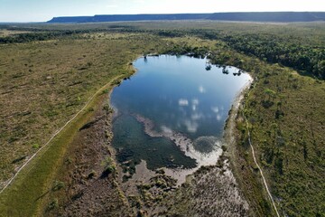 Fototapeta na wymiar Aerial view of the Serra lagoon on the Conceicao jo Jalapao River, Brazil.