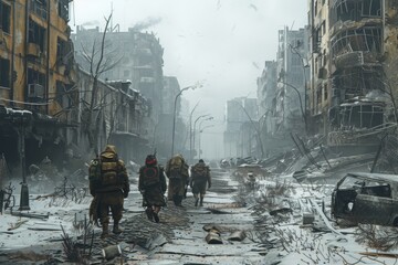 A group of people walks through a ruined gray dirty city in winter. collapsed houses, a lot of wires and old signs, abandoned cars.