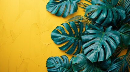 banner with tropical leaves, green, yellow - obrazy, fototapety, plakaty