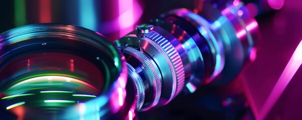 Closeup of the dynamic effects of laser and black light on a lenss zoom mechanism revealing the unseen beauty of lens elements in a lab setting - obrazy, fototapety, plakaty