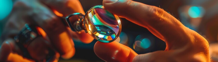 Jewelry craftsman inspecting a shiny colorful gem ring under lamplight focusing on the facets and finish - obrazy, fototapety, plakaty