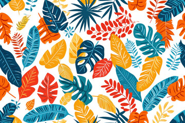 Fototapeta na wymiar Colorful tropical leaves seamless pattern on white background illustration