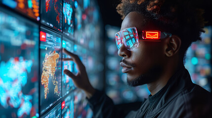 Man with futuristic glasses analyzing data on multiple digital screens with interactive graphics.