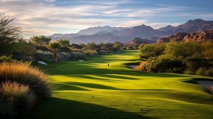 a golf course with a green and mountains in the background - 772313465
