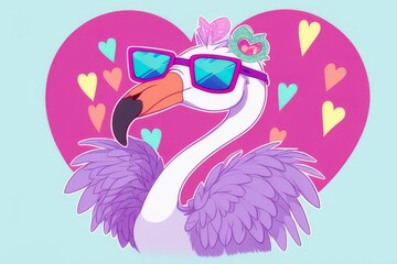 a flamingo in sunglasses against a background of a pink heart has placed its lilac wings in different directions