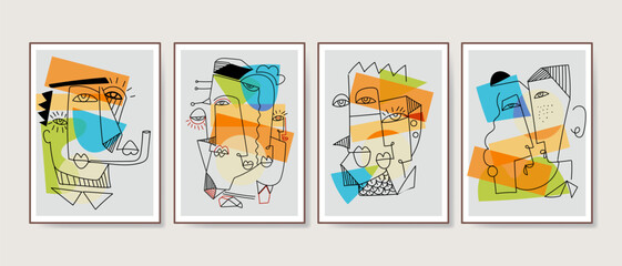 Face portrait abstraction geometric, shapes and doodle hand drawn vector wall art illustration. Creative graphic design minimalist silhouette cubism people.