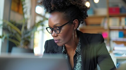 a woman wearing glasses looking at a laptop computer screen while sitting at a table - obrazy, fototapety, plakaty