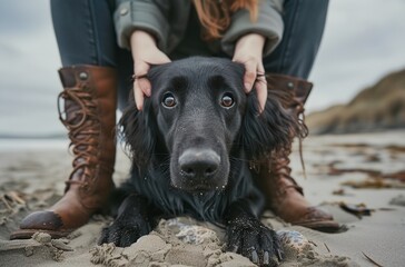 a black dog laying on top of a sandy beach next to a person
