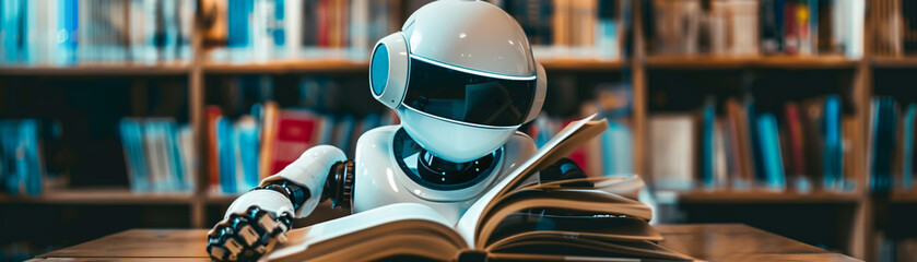 Robot immersed in a book, reflecting on the timeless value of reading in a digital age