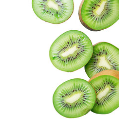 Green kiwi slices arranged in a circle on transparent background, macro photography