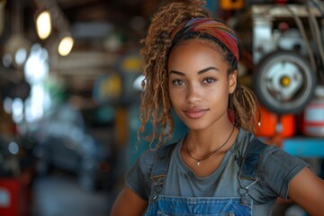 a young African-American woman with hair gathered in a knot, in work overalls, stands against the backdrop of a blurred workshop
