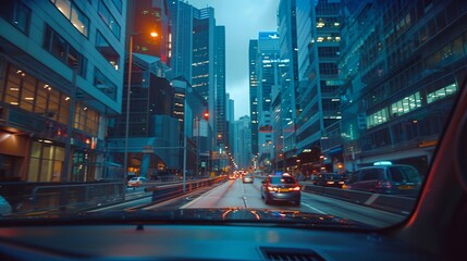 a car driving down a street at night time with traffic lights on the street and buildings in the background