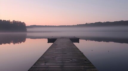 a dock on a lake with a foggy sky in the background and trees in the distance - obrazy, fototapety, plakaty
