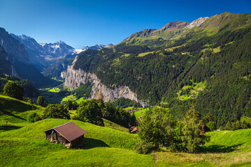 Rural huts on the green slopes near Wengen, Switzerland - 772315423