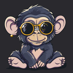 Chimpanzee monkey wearing sunglasses. Vector illustration isolated on black background