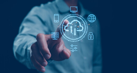 A professional interacts with a futuristic cloud computing interface, connectivity and data management in the digital age. Highlighting innovation and technology. Data transformation concept.