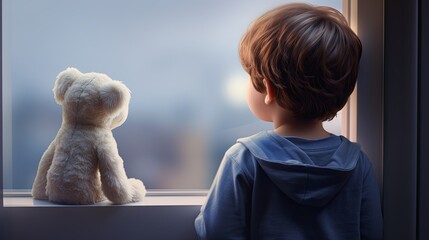 A 5-year-old boy, holding a toy version of his lost pet, looking out the window, tight shot focusing on his reflective eyes, cute, cartoon, chibi