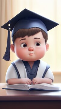 A 12-year-old chubby boy gazes thoughtfully at his diploma, a soft smile on his lips Medium close-up, front angle, reflecting a moment of quiet pride, cute, cartoon, chibi