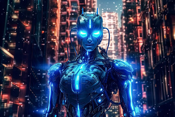 Fototapeta na wymiar A female robot model poses against a vibrant blue background