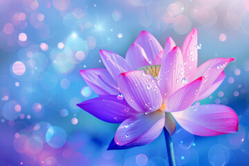 A beautiful pink flower with water droplets on it. The flower is surrounded by a blue background with a blurry effect. Concept of tranquility and serenity, as the flower