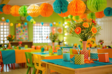A kindergarten graduation setup with colorful chairs, balloons, and a festive table with flowers