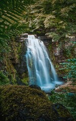 Majestic waterfall cascading down a rocky cliff in a forest