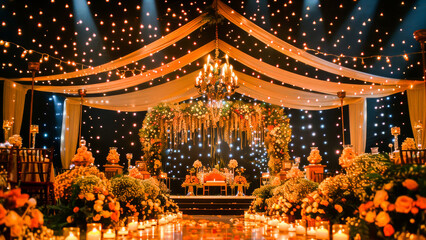 Naklejka premium Elegant wedding venue beautifully decorated with flowers, chandeliers, and romantic candle lighting.
