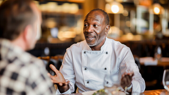 Experienced African American chef in uniform having a friendly conversation with a diner at a restaurant table.