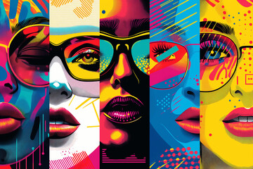 Vibrant vector portrait series with pop art influence featuring bold colors and graphic overlays on female faces Dynamic vector portraits merging abstract shapes and vivid colors modern female beauty