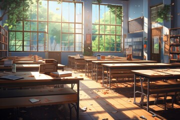 Captivating School building anime visual novel game. Desk education. Generate Ai
