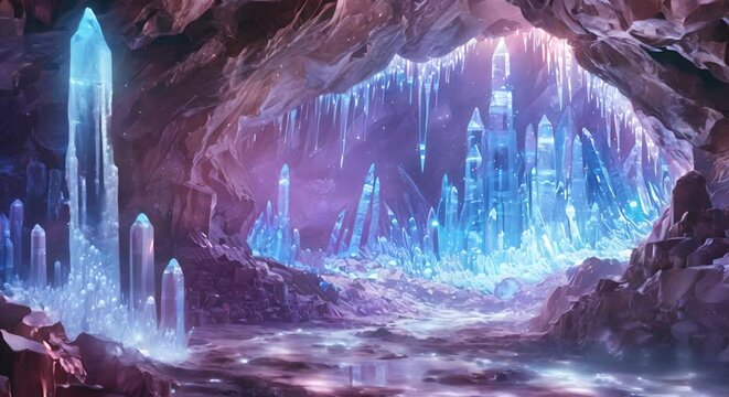 Crystal cave with neon-blue ice and glowing, magical artifacts