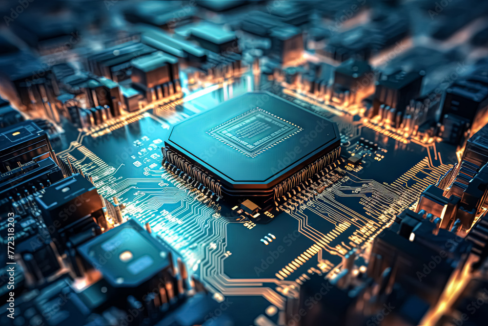 Poster a close up of a computer chip with a gold colored border.
