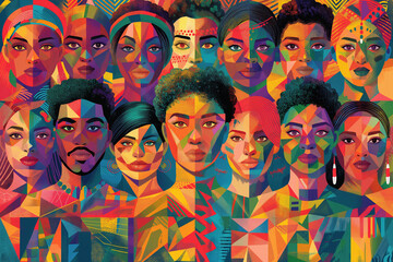 Fototapeta premium Colorful vector montage of diverse faces with geometric patterns, representing cultural diversity and beauty in a modern design Vivid vector artwork showcasing a tapestry of multicultural faces
