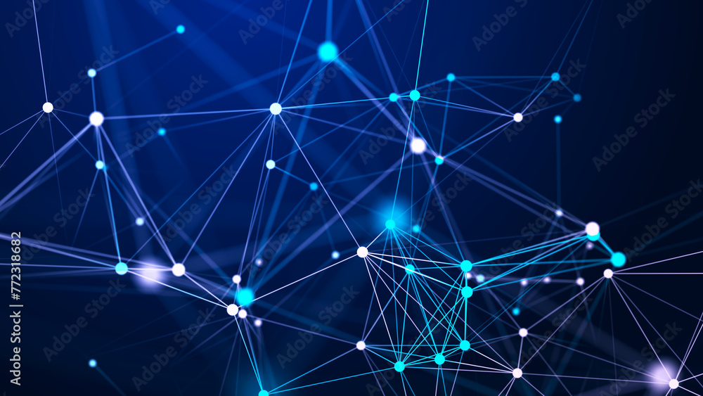 Poster interweaving of dots and lines in cyber space. study, collection and processing of data. business an