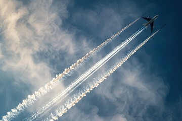 a group of airplanes flying through a cloudy sky - obrazy, fototapety, plakaty