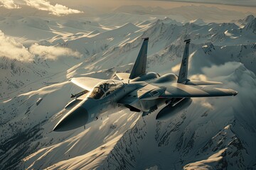 a fighter jet flying over a mountain range - obrazy, fototapety, plakaty