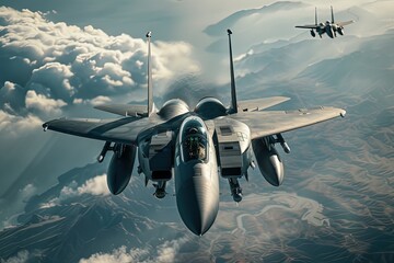 two fighter jets flying in the sky above the clouds - Powered by Adobe