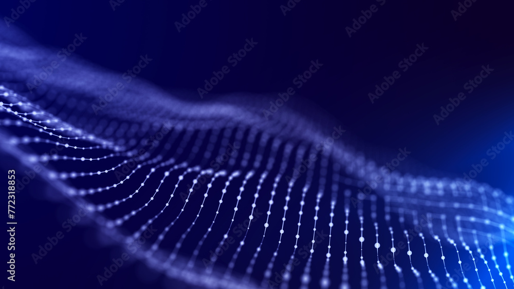 Poster abstract wave. interweaving of dots and lines on a blue background. big data. 3d rendering.