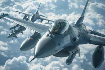 two fighter jets flying through a cloudy sky - obrazy, fototapety, plakaty