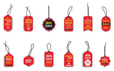 Realistic red price tags collection. Special offer or shopping discount label with shadow 