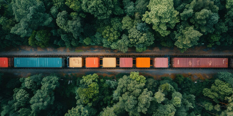 Aerial view of a train traveling through a vibrant forest with multicolored cargo containers bordering the tracks