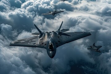 a group of fighter jets flying through a cloudy sky - obrazy, fototapety, plakaty