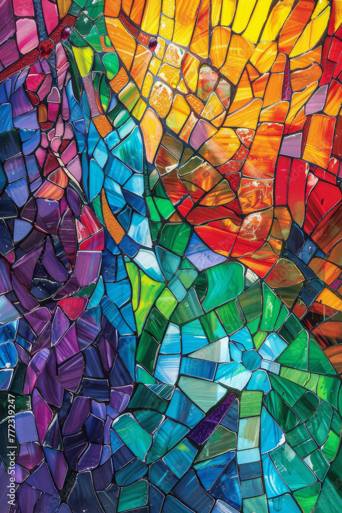 Fototapete a colorful mosaic of glass pieces with a rainbow pattern. the image is abstract and has a vibrant, e