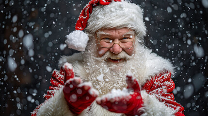 Cheerful Santa Claus in a snowy setting, smiling and reaching out with festive joy.