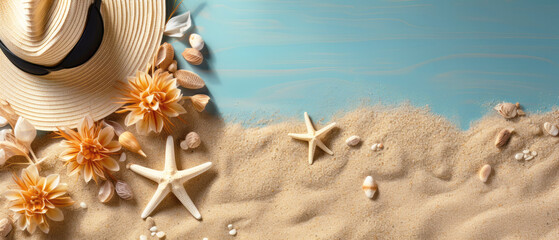 Banner in sea or ocean style with summer hat, starfish and sea sand, flat lay, pastel colors. Copy space.