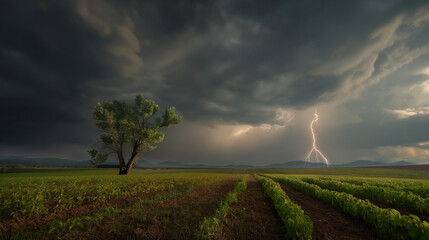 Paisaje con tormenta, cielo nublado y tormenta eléctrica