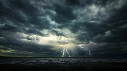 Paisaje con tormenta, cielo nublado y tormenta eléctrica