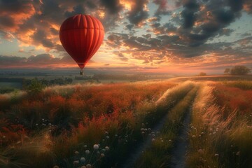 red hot air balloon flies across a cloudy sky over a flowering field - obrazy, fototapety, plakaty