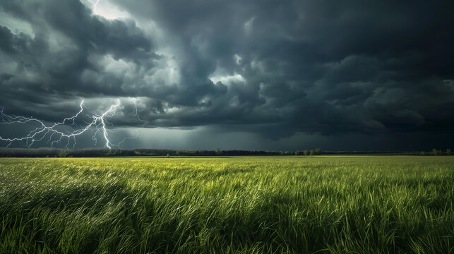 Paisaje con tormenta, cielo nublado y tormenta el&eacute;ctrica